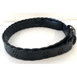 Punched Black Genuine Leather Belt Womens 46" Long Floral Pattern Gothic Witchy